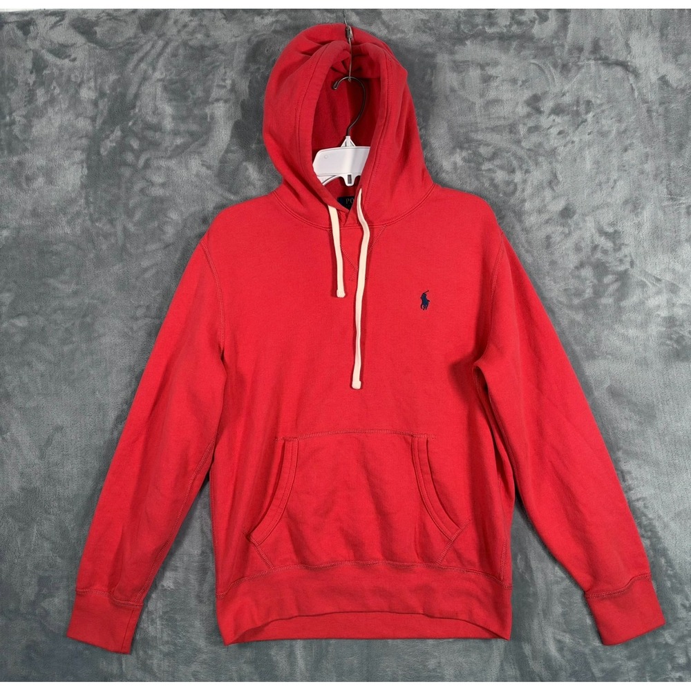 Polo Ralph Lauren Fleece Hoodie Mens Small Coral Red Blue Pony Sweatshirt